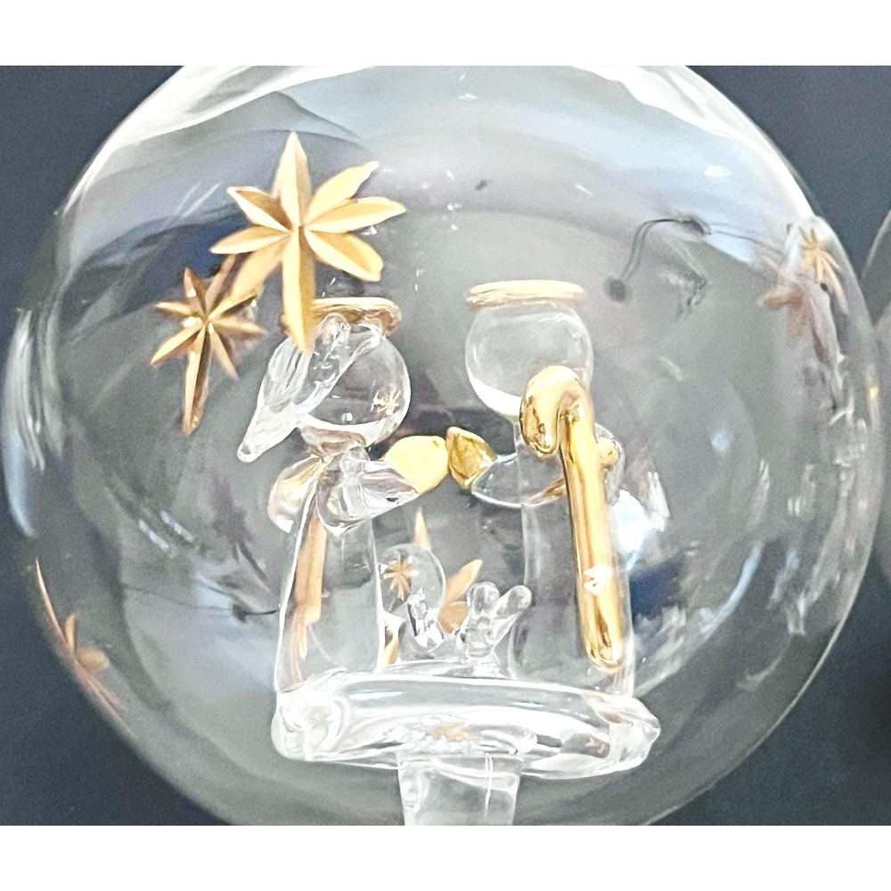 Vtg Glass Ball Ornament Christmas Gold Accents Nativity Holy Family‎ Jesus Faith